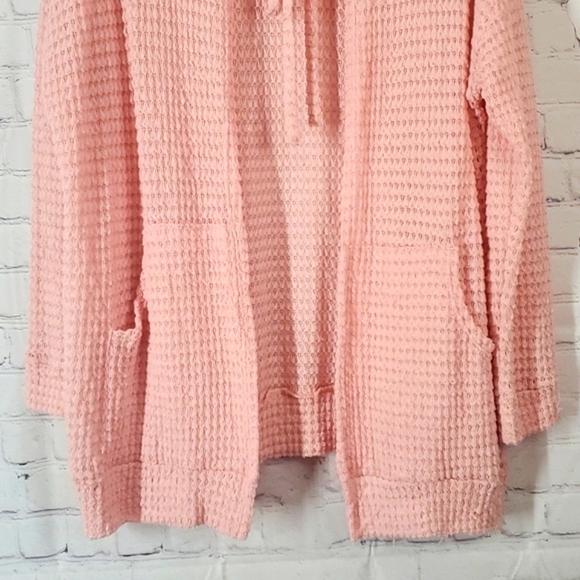 Chris & Carol Tie Neck Cardigan Sweater Baby Pink Open Waffle Knit Neutral Sz L - Picture 10 of 17